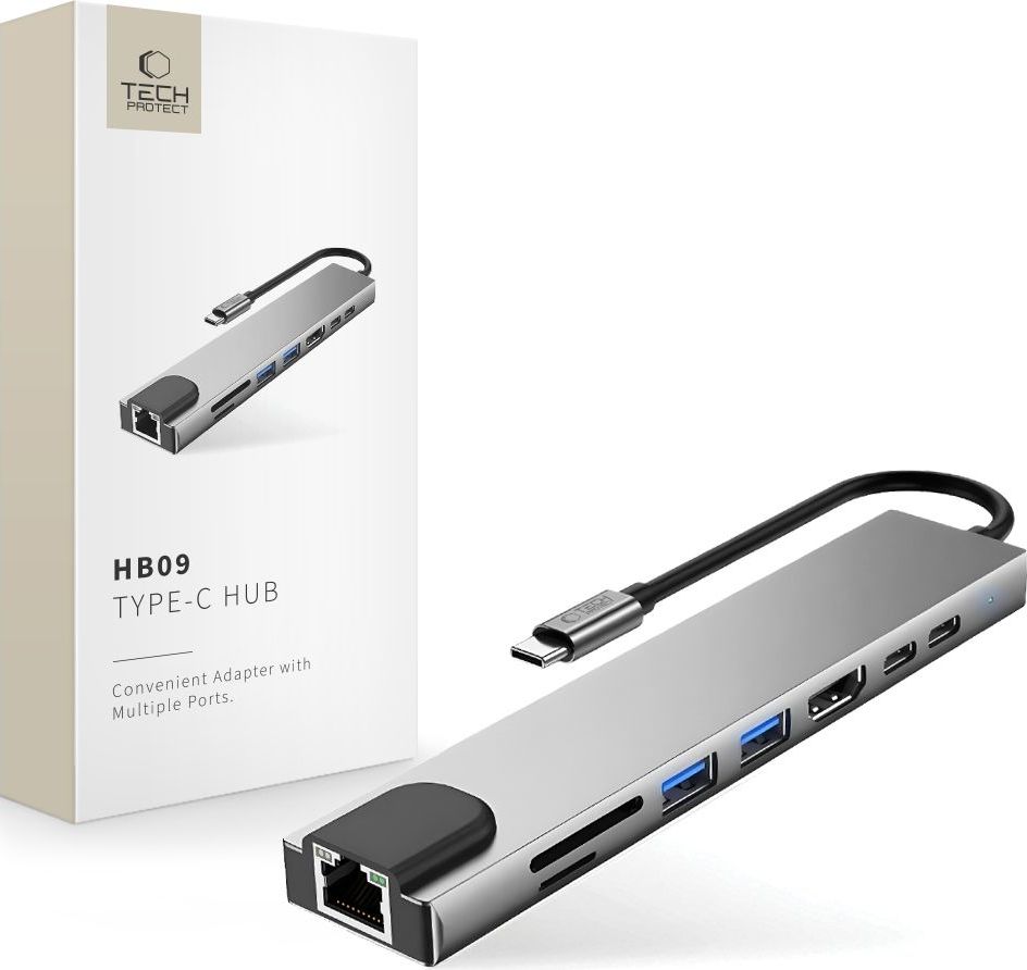 Tech-Protect HB09 USB-C Hub adaptér 8v1 s HDMI 4K 60Hz, Gigabit Ethernet, 2x USB-A 3.0, USB-C 3.0, čtečkou SD/TF karet a 100W Power Delivery, vesmírně šedý
