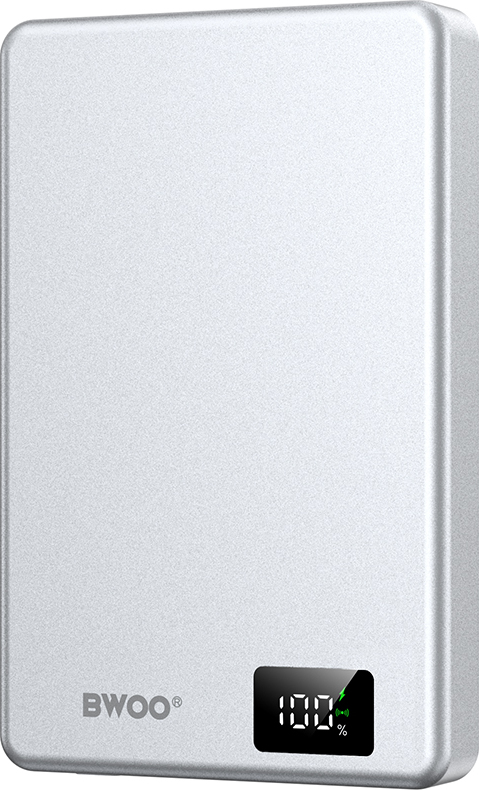 BWOO P76 hliníková MagSafe magnetická powerbanka 10 000 mAh PD 20W s digitálním displejem slim (extra tenká), stříbrná