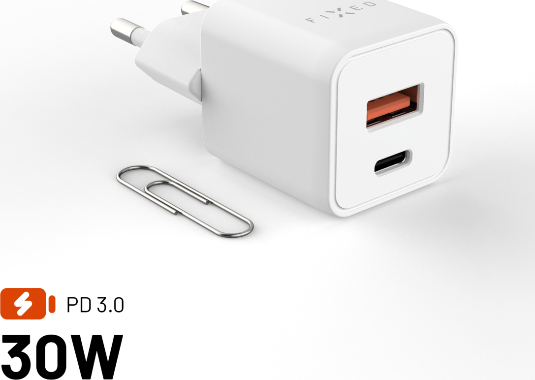 Síťová GaN nabíječka FIXED Mini s USB-C a USB výstupem a podporou PD, 30W, bílá