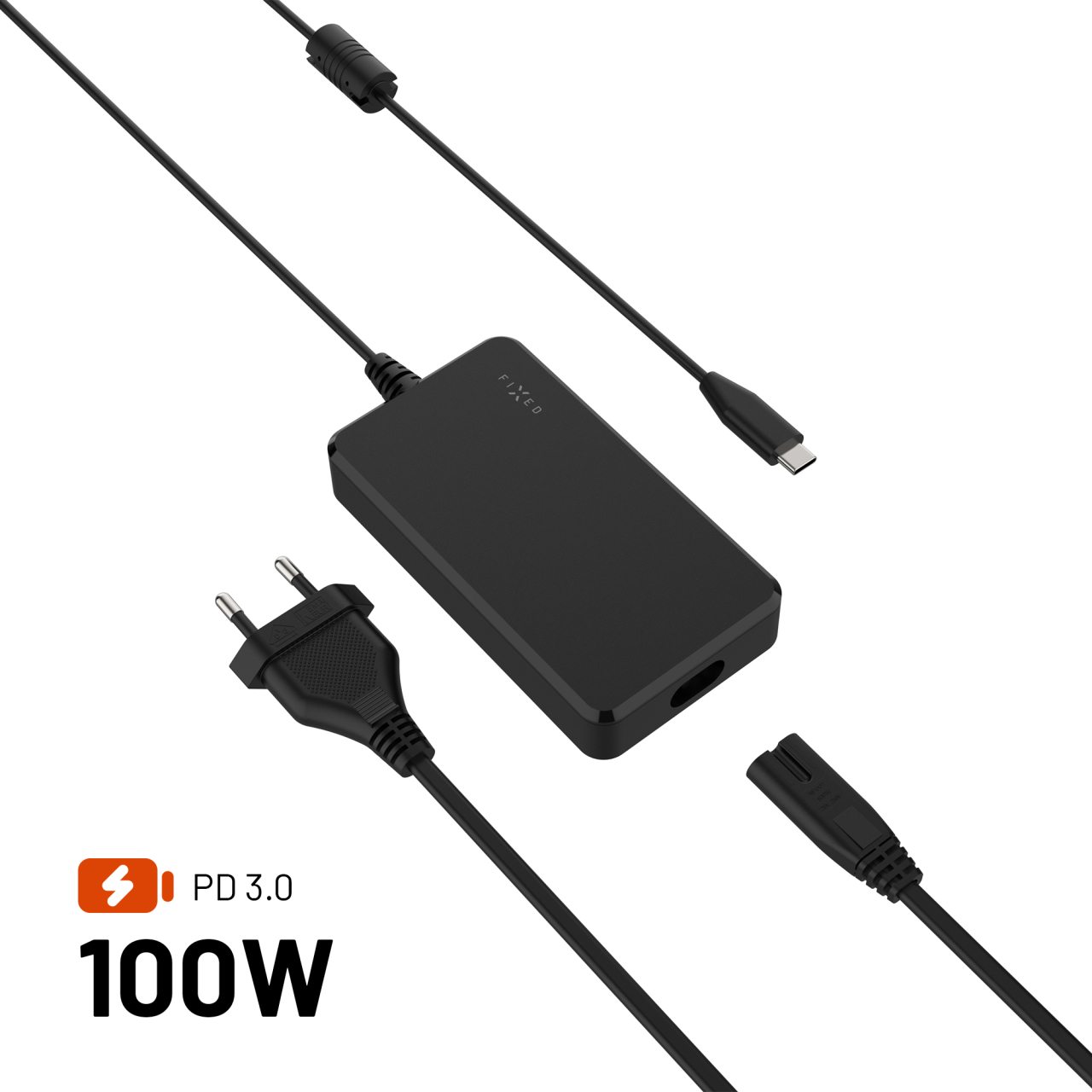 Nabíjecí GaN adaptér FIXED pro MacBooky a notebooky s USB-C, podpora PD 3.0 (rychlonabíjení), 100W, černý