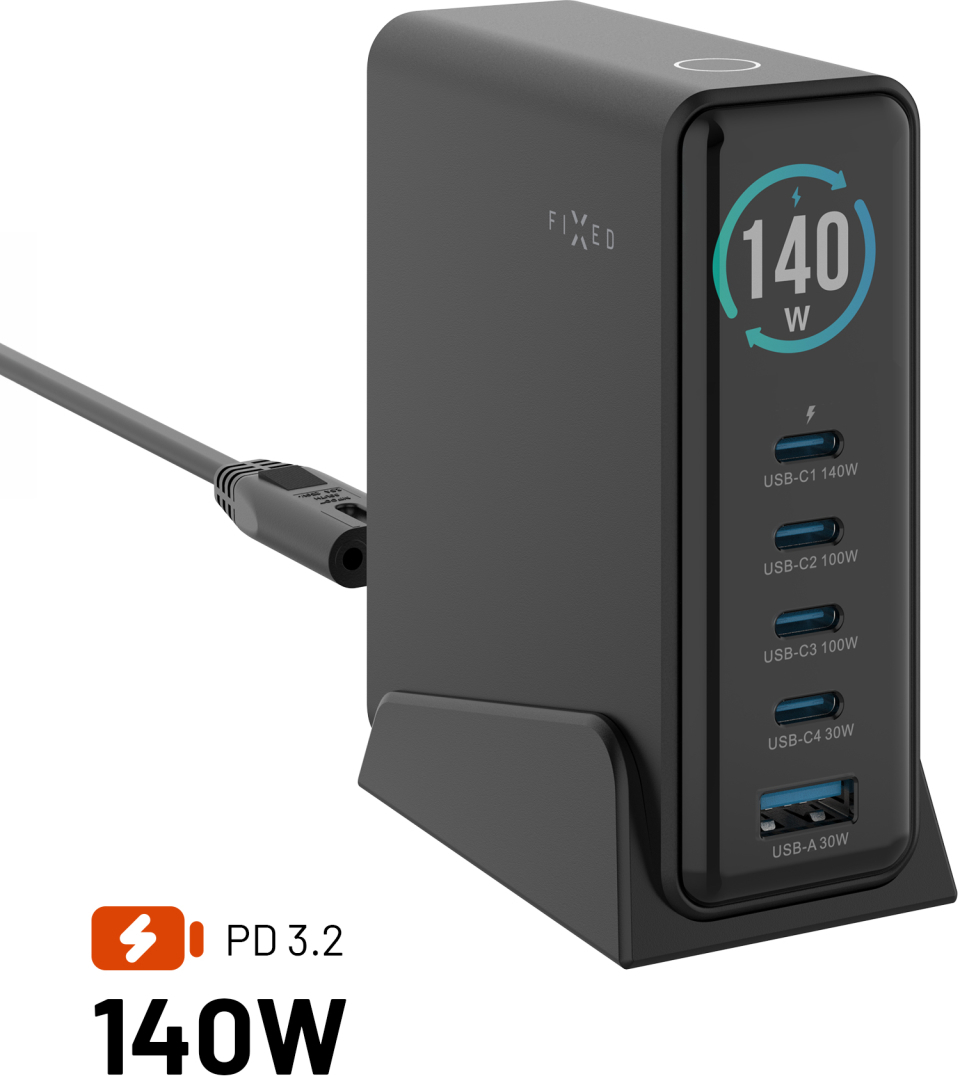Dokovací GaN stanice FIXED s displejem, 4x USB-C a USB, PD 3.2, 140W, černá