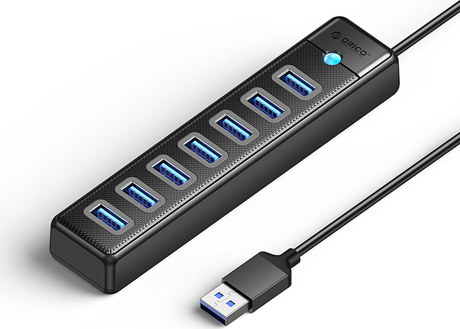 Orico PW7U-U3 hub 7x USB-A 3.0 + USB-C 5V/3A 1m - černý