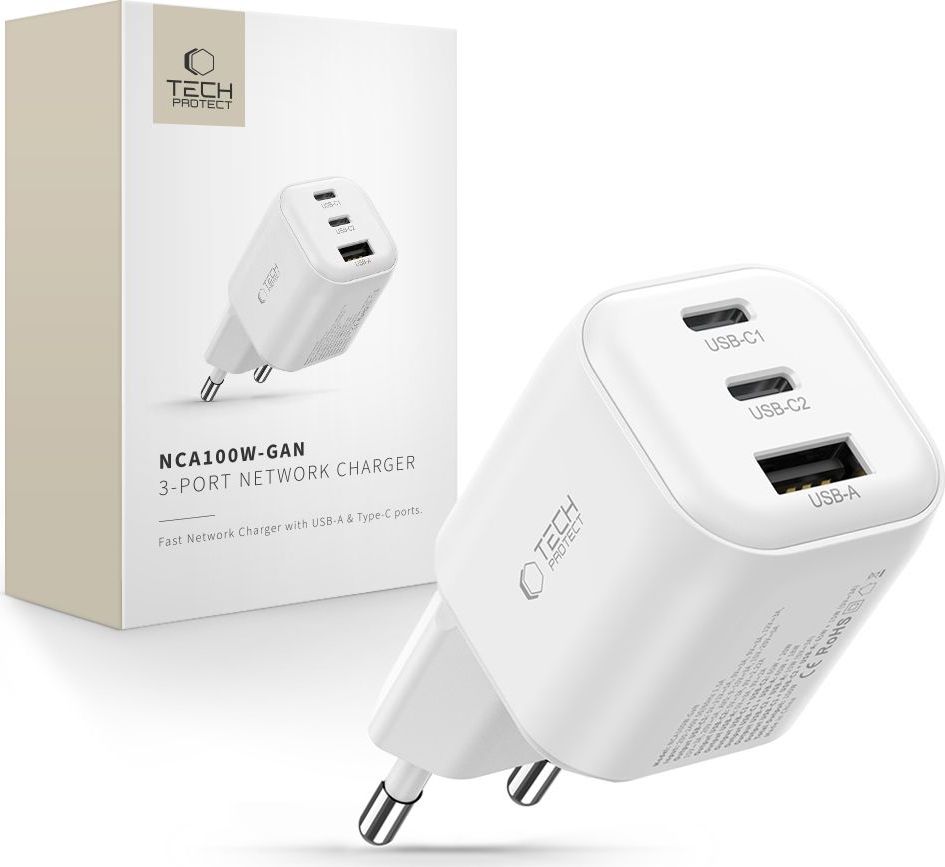 TECH-PROTECT NCA100W-GAN-AVS 3-PORT NETWORK CHARGER PD 3.2 100W / QC3.0 WHITE
