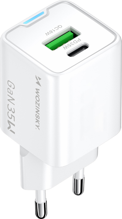 Wozinsky WWC-35W GaN USB-A + USB-C nástěnná nabíječka - bílá
