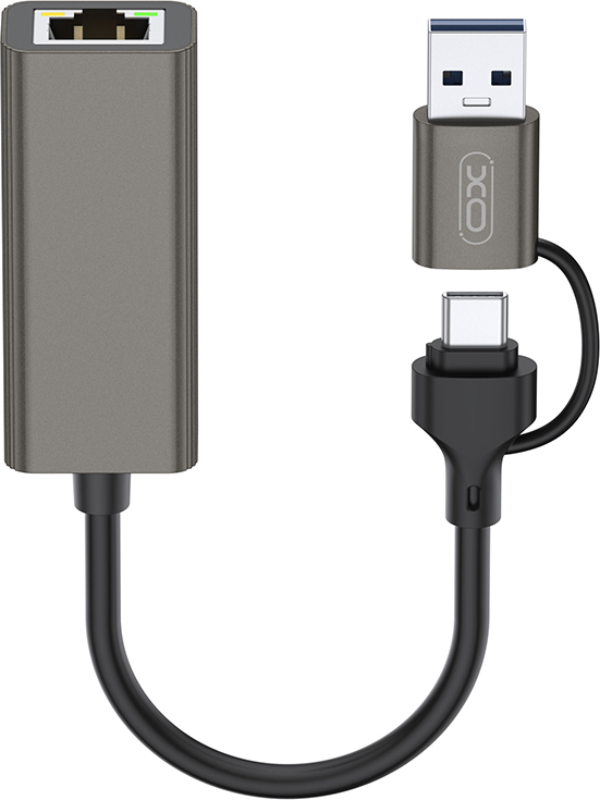 Adaptér XO HUB HUB018 2w1 USB-USB-C - RJ45 šedý
