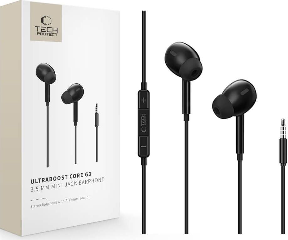 Tech-Protect Ultraboost Core G3 drátová špuntová sluchátka s mikrofonem, 3,5mm jack, černá