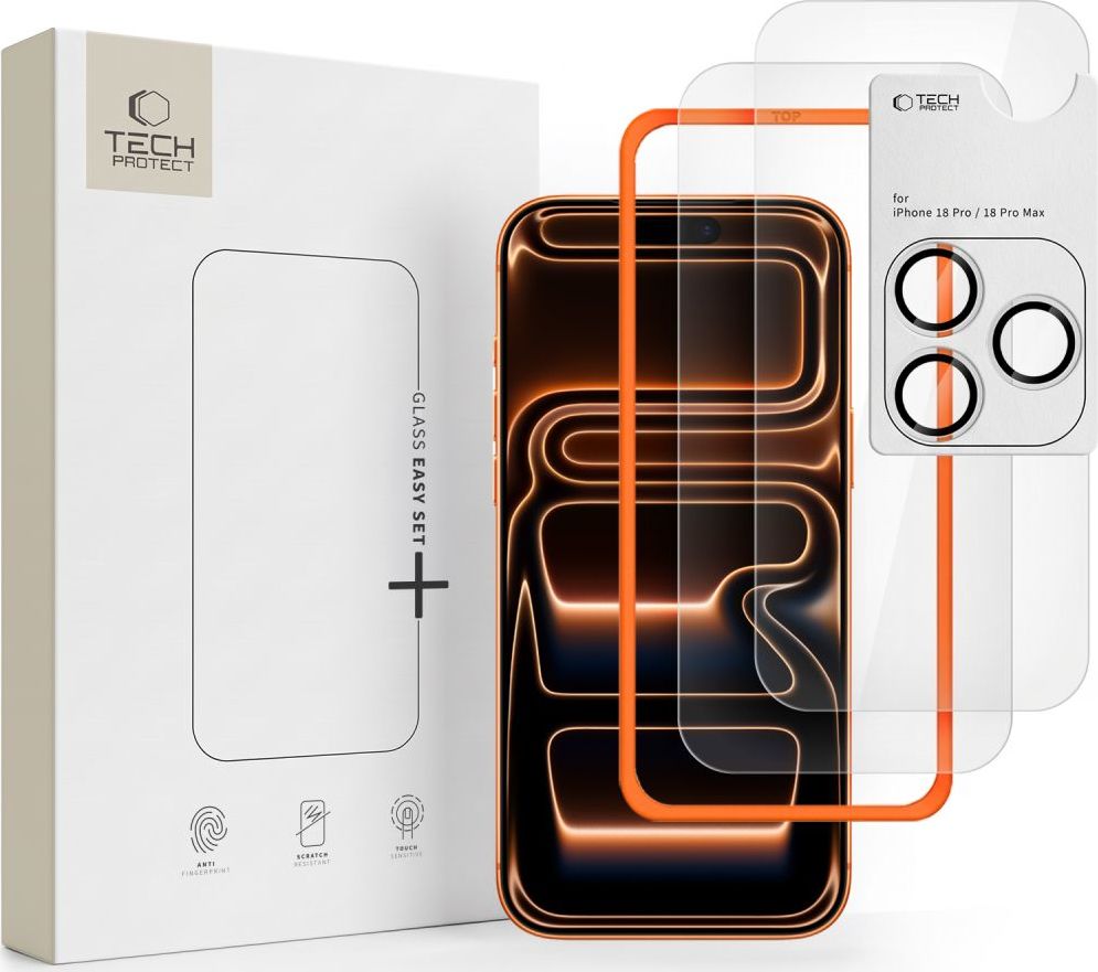 TECH-PROTECT EASY SET+ 3-PACK - 2x tvrzené sklo na displej a 1x na čočky fotoaparátu pro iPhone 18 Pro Max, čiré (s aplikátorem)