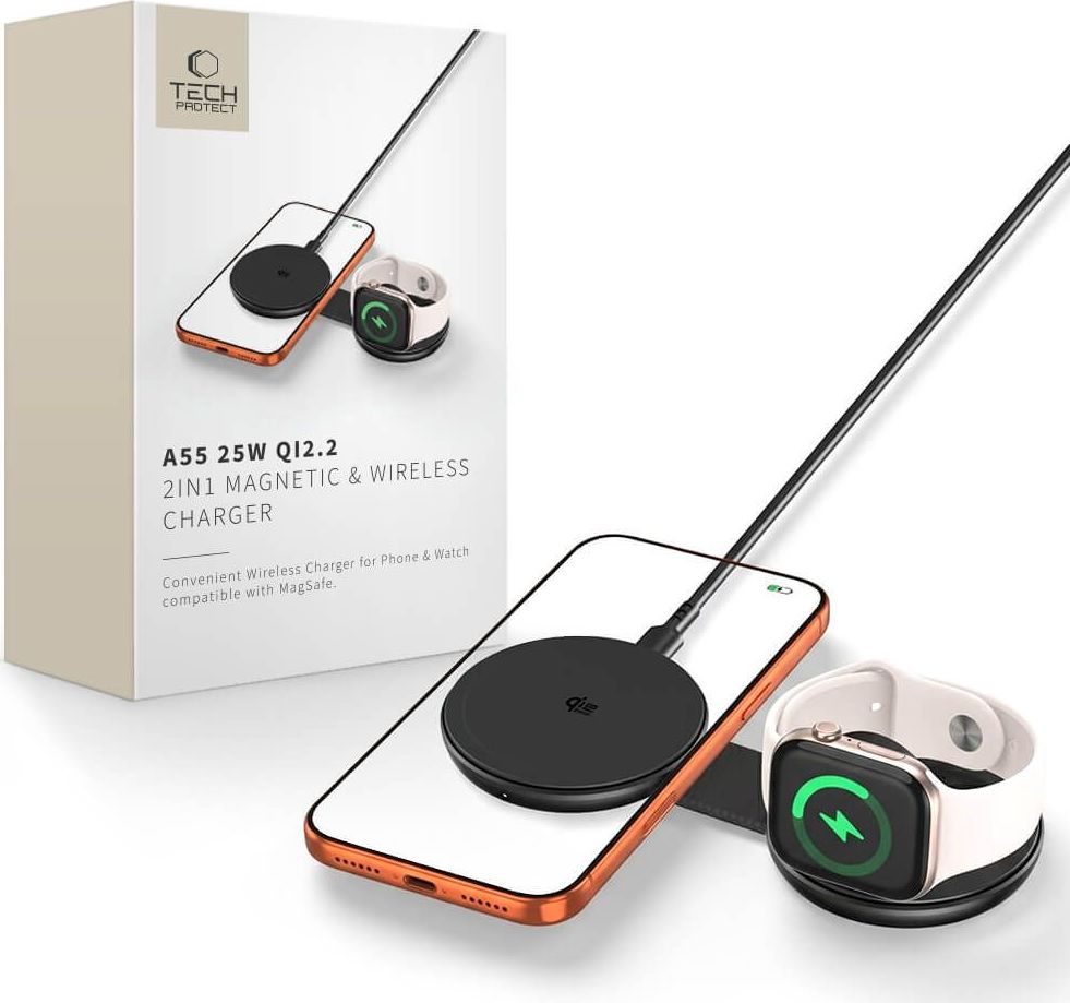 TECH-PROTECT A55 2IN1 MAGNETIC MAGSAFE WIRELESS CHARGER 25W QI2.2 BLACK