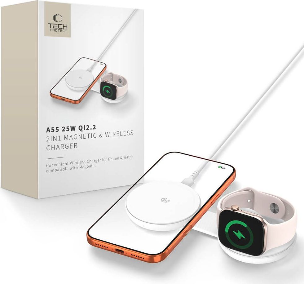 TECH-PROTECT A55 2IN1 MAGNETIC MAGSAFE WIRELESS CHARGER 25W QI2.2 WHITE
