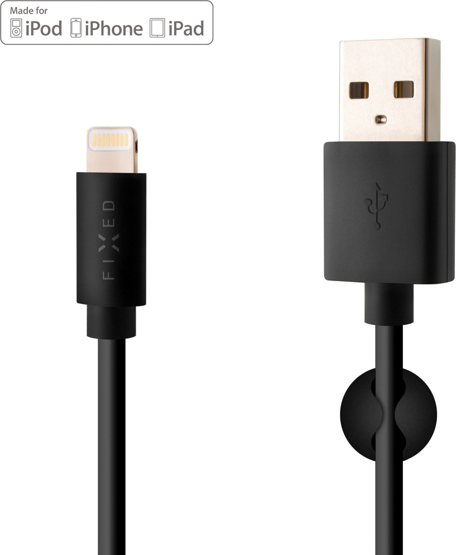 Dlouhý datový a nabíjecí kabel FIXED s konektory USB/Lightning, 2 metry, MFI certifikace, černý