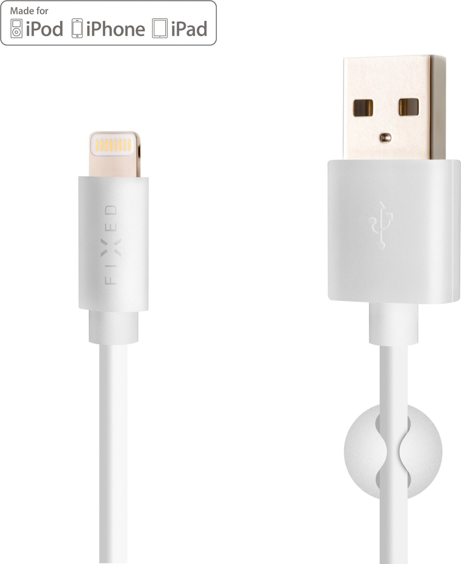 Dlouhý datový a nabíjecí kabel FIXED s konektory USB/Lightning, 2 metry, MFI certifikace, bílý