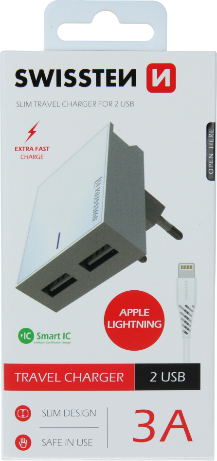 SWISSTEN SÍŤOVÝ ADAPTÉR SMART IC 2x USB 3A POWER + DATOVÝ KABEL USB / LIGHTNING 1,2 M BÍLÝ
