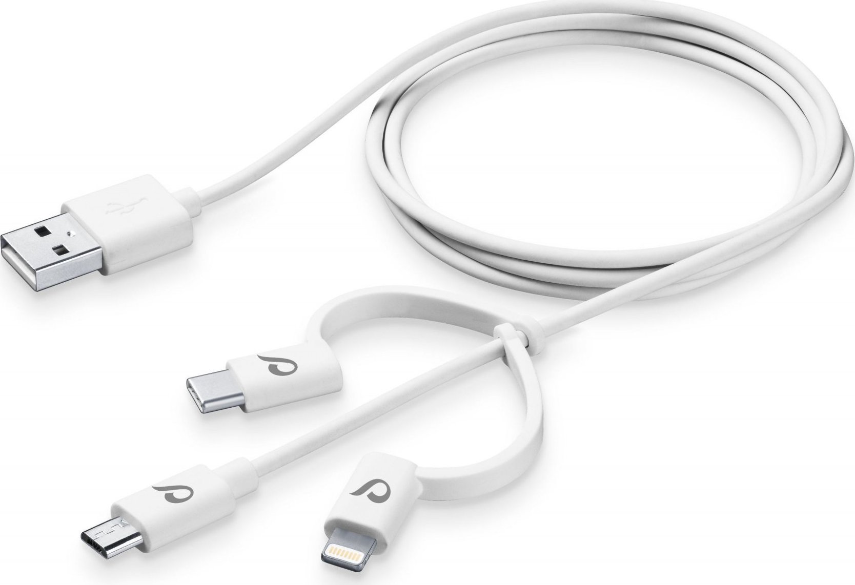 USB kabel CellularLine se třemi adaptéry Lightning + Micro USB + USB-C, bílý