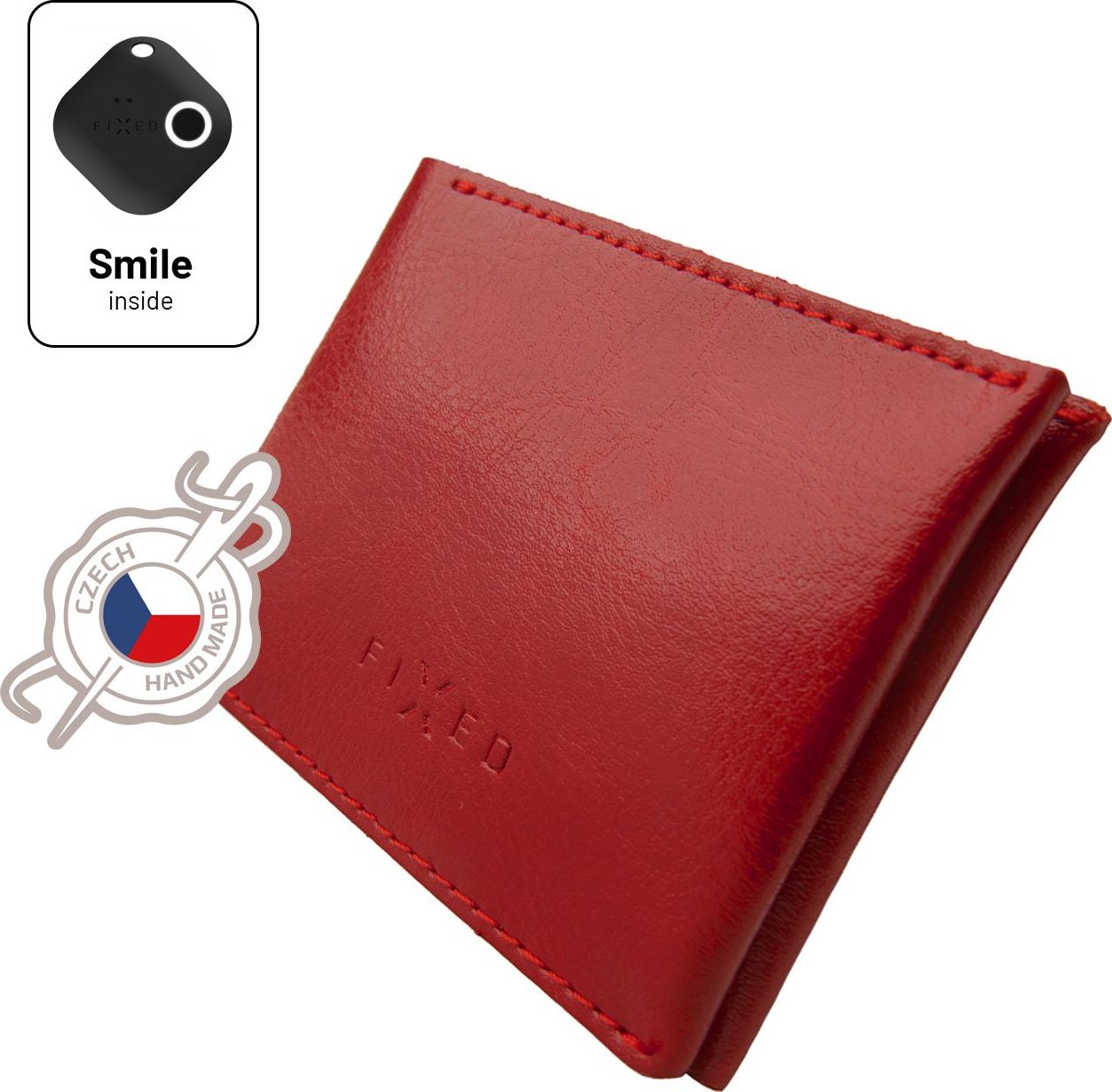 Kožená peněženka Smile Wallet se smart trackerem FIXED Smile s motion senzorem, červená