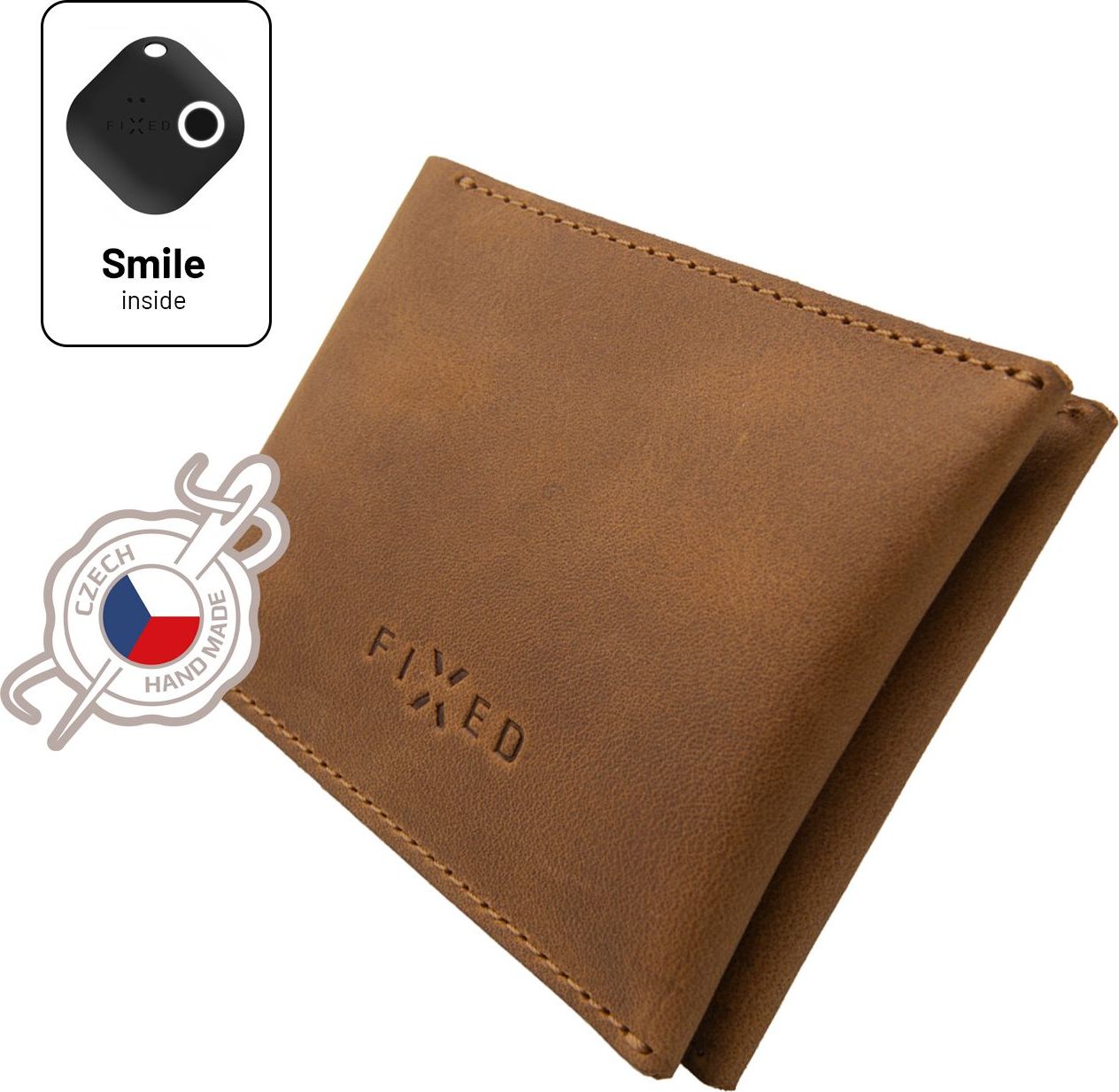 Kožená peněženka Smile Wallet se smart trackerem FIXED Smile s motion senzorem, hnědá
