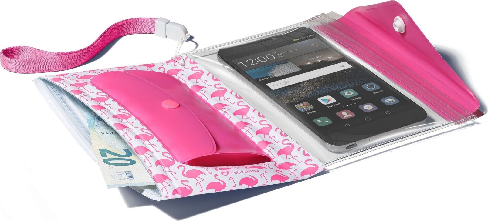 Voděodolné pouzdro s peněženkou Cellularline Voyager Pochette pro telefony do velikosti 5,2", růžové