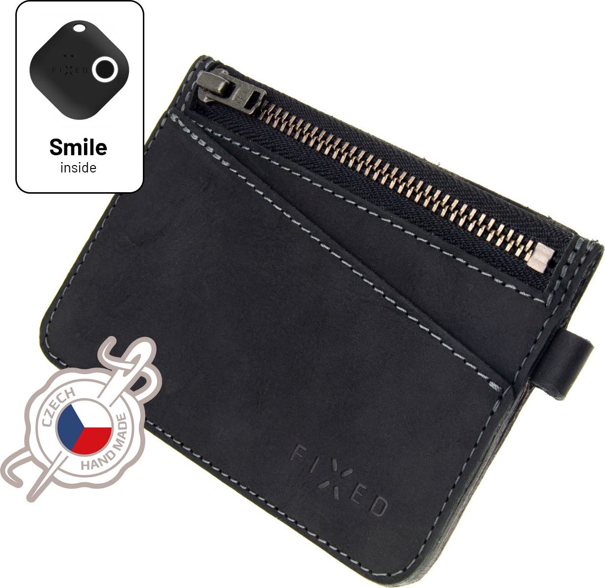 Kožená peněženka FIXED Smile Coins se smart trackerem FIXED Smile Motion, černá