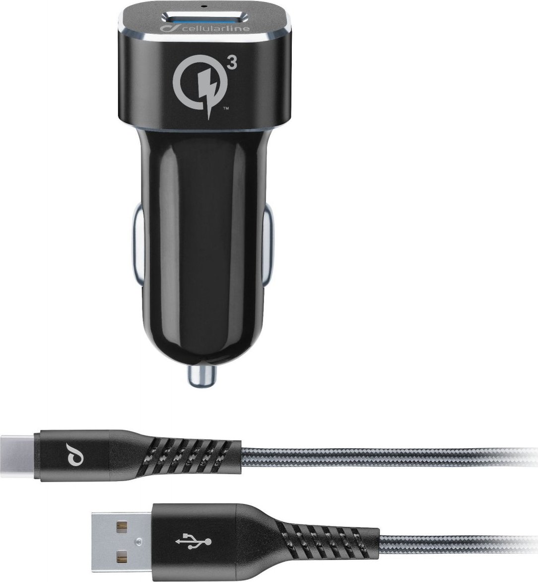Set USB autonabíječky a odolného USB-C kabelu Cellularline Tetra Force 18W, Qualcomm® Quick Charge 3.0, černá