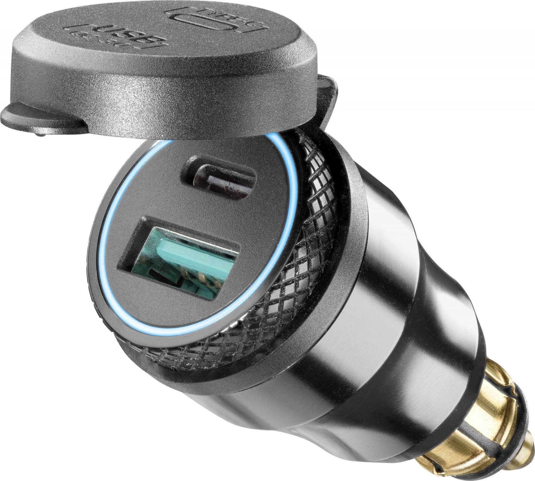 DIN adaptér Interphone s 1 x USB a 1 x USB-C výstupem pro motocykly, černý