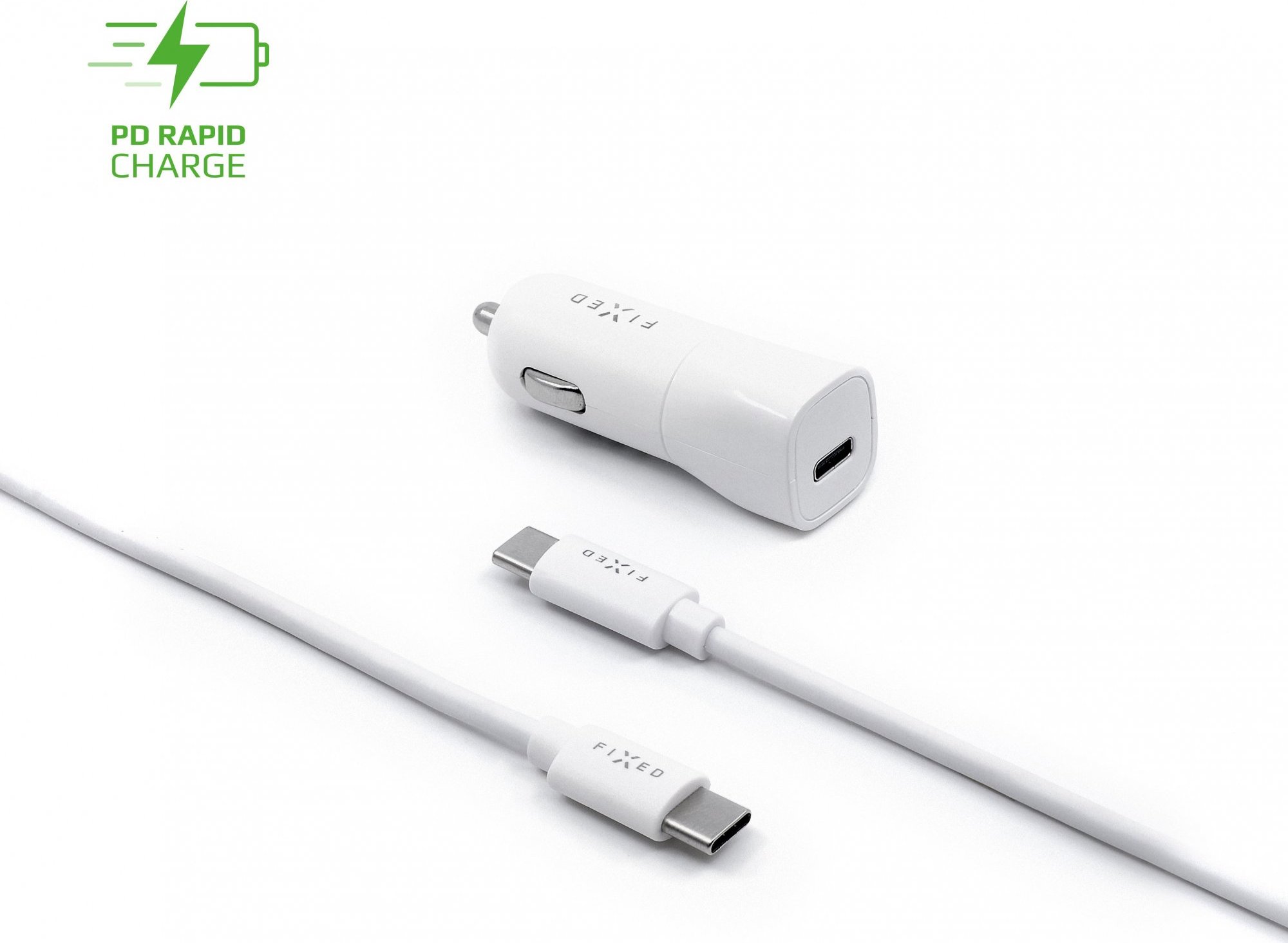 Set autonabíječky FIXED s USB-C výstupem a USB-C/USB-C kabelu, podpora PD, 1 metr, 18W, bílý