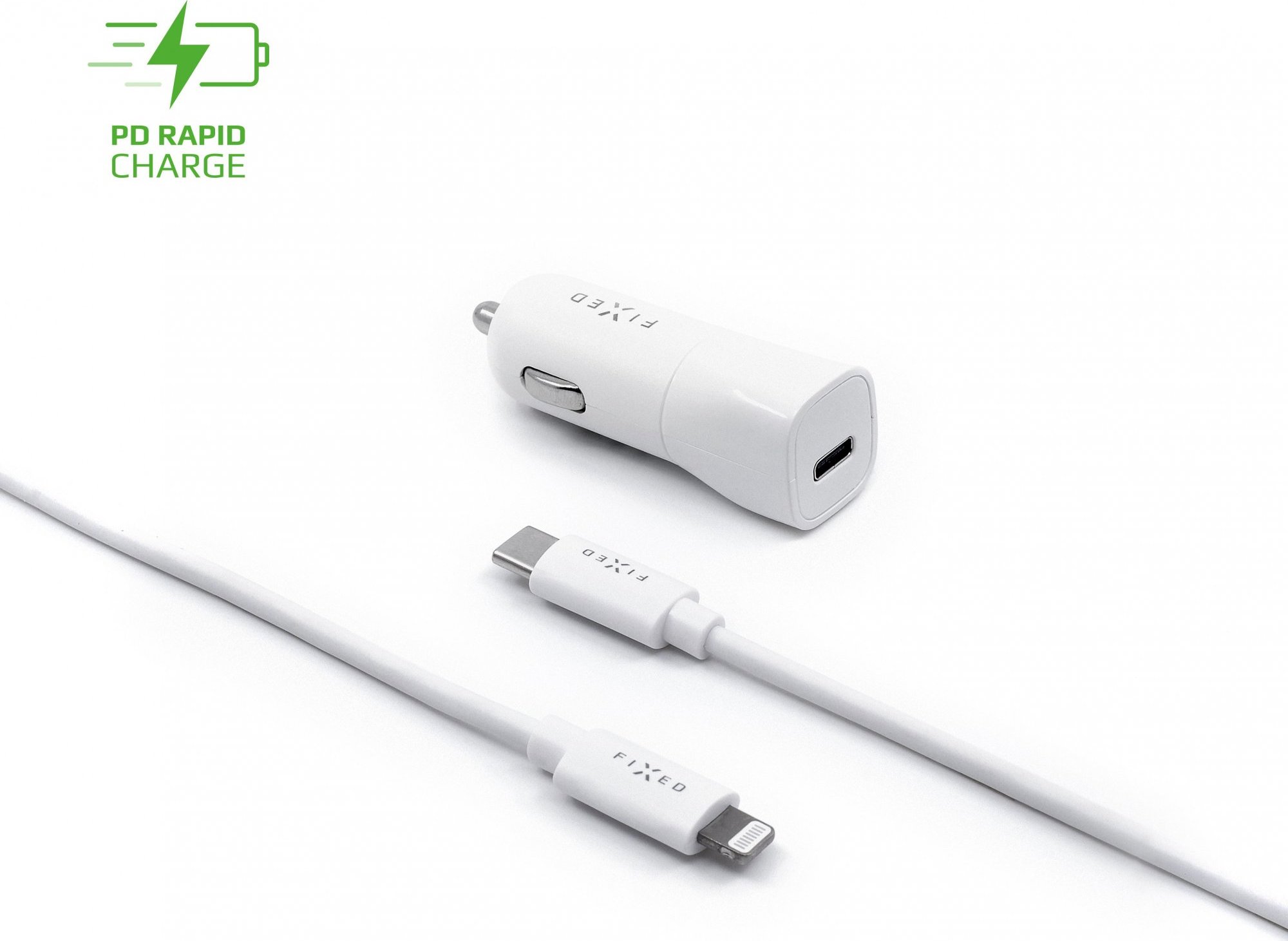 Set autonabíječky FIXED s USB-C výstupem a USB-C/Lightning kabelu, podpora PD, 1 metr, MFI, 18W, bílý