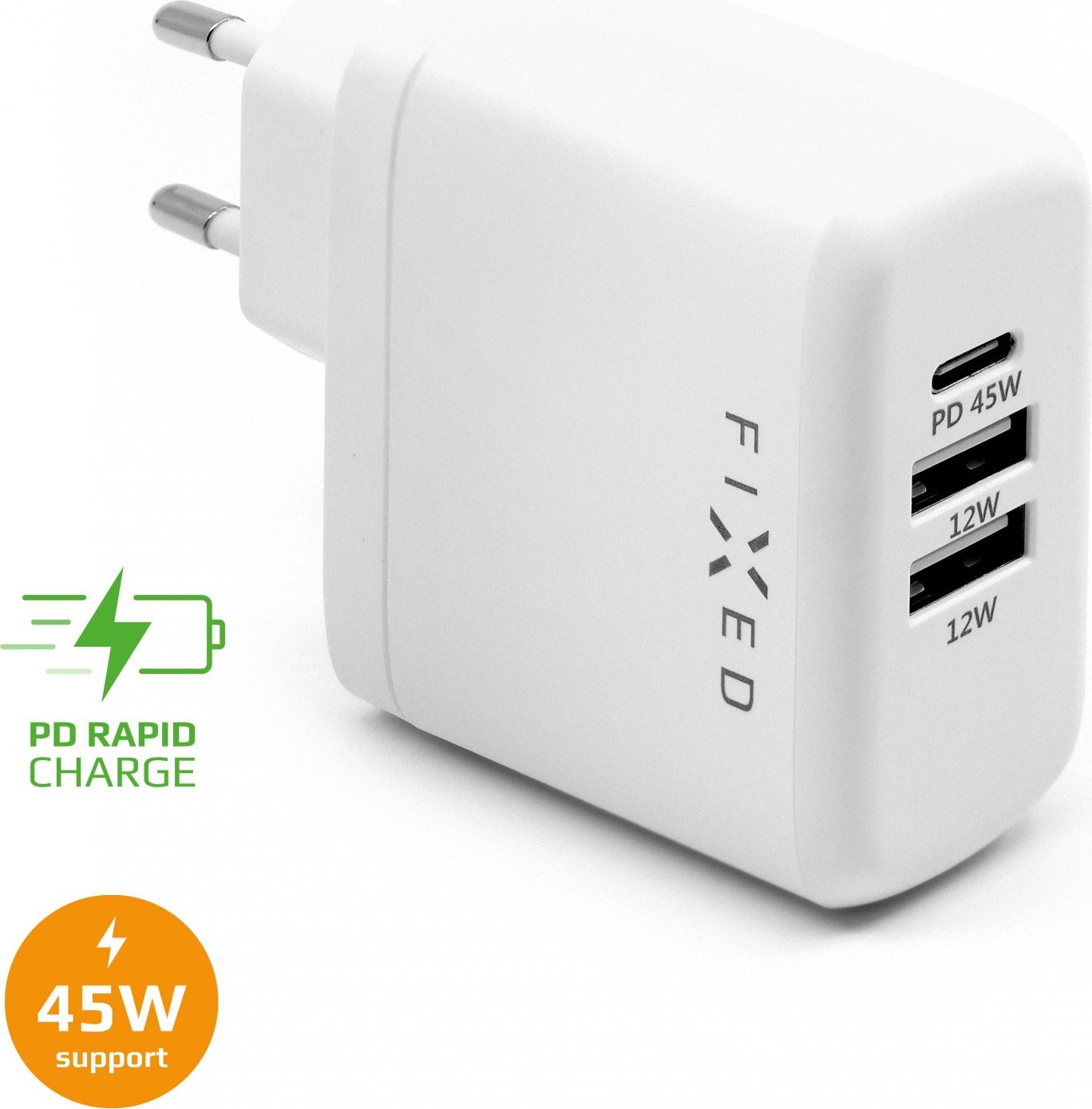 Síťová nabíječka FIXED s USB-C a 2xUSB výstupem, podpora PD, 45W, bílá
