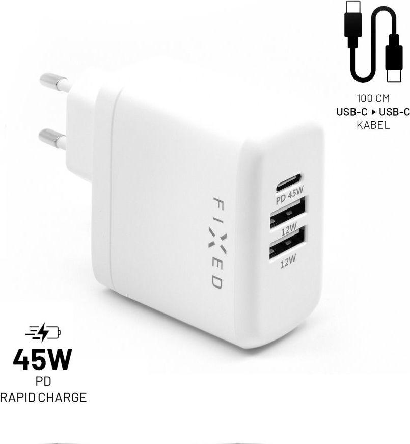 Set síťové nabíječky FIXED s USB-C a 2xUSB výstupem a USB-C/USB-C kabelu, podpora PD, 45W, bílý