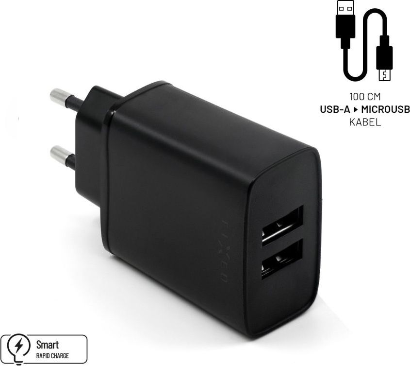 Set síťové nabíječky FIXED s 2xUSB výstupem a USB/micro USB kabelu, 1 metr, 15W Smart Rapid Charge, černá