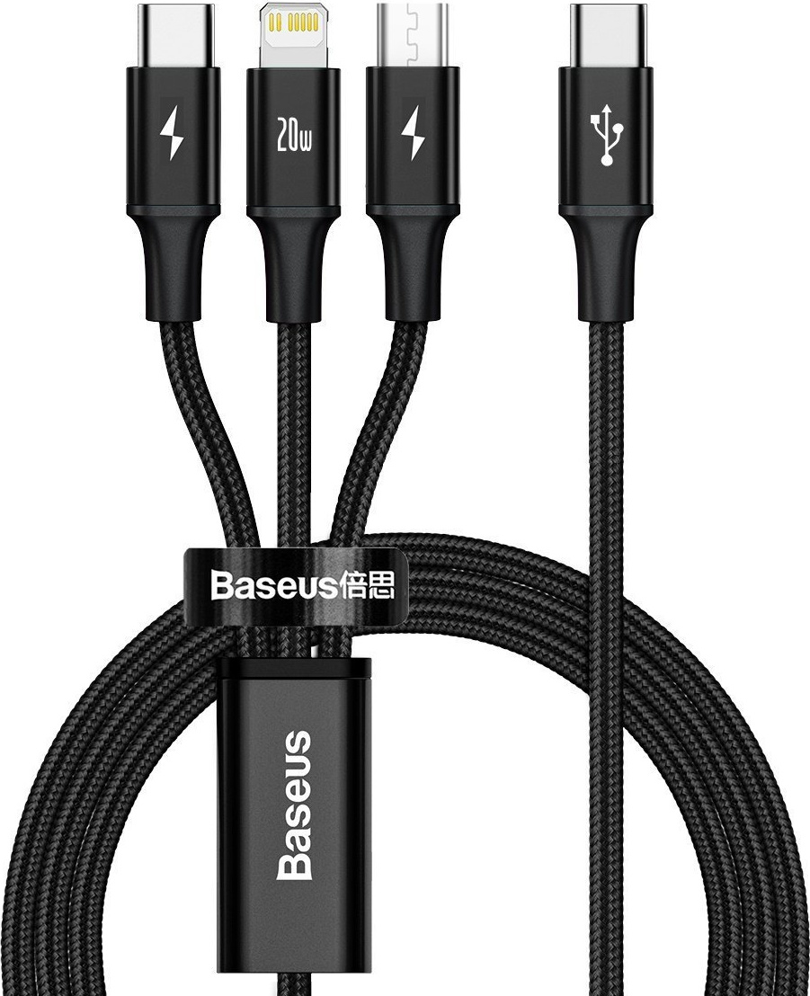 Baseus Rapid Series 3v1 Fast Charging Datový Kabel USB-C - USB-C/Lightning/MicroUSB 20W 1.5m Black