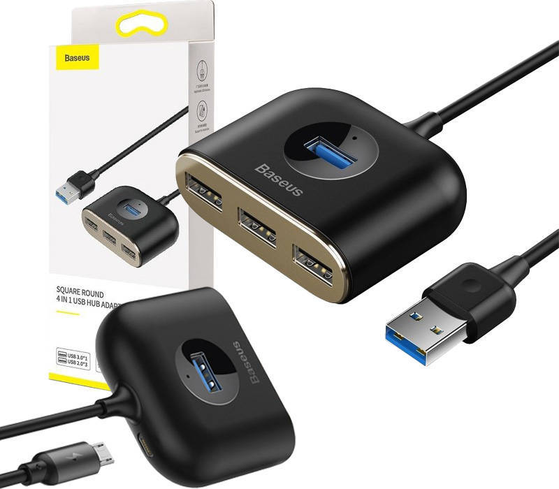 Baseus Square Round USB Adapter, HUB USB 3.0 na 1x USB 3.0 3x USB 2.0.1m - černý