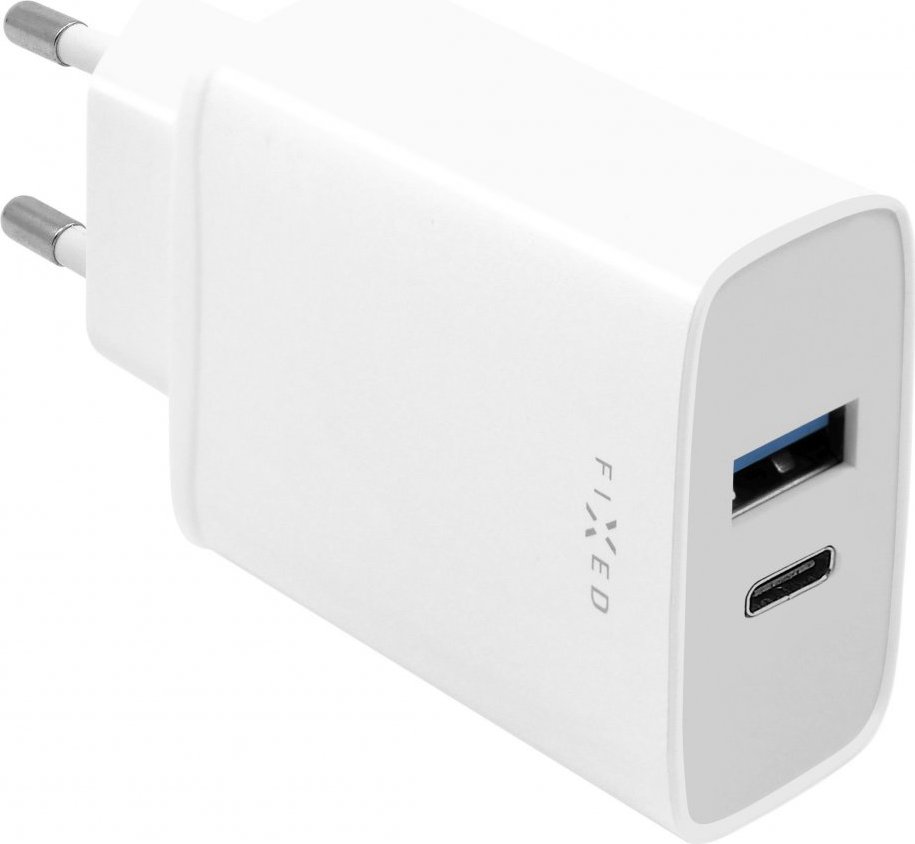 Síťová nabíječka FIXED s USB-C a USB výstupem, podpora PD, 30W, bílá