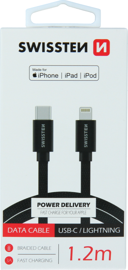 DATOVÝ KABEL SWISSTEN TEXTILE USB-C / LIGHTNING MFi 1,2 M ČERNÝ
