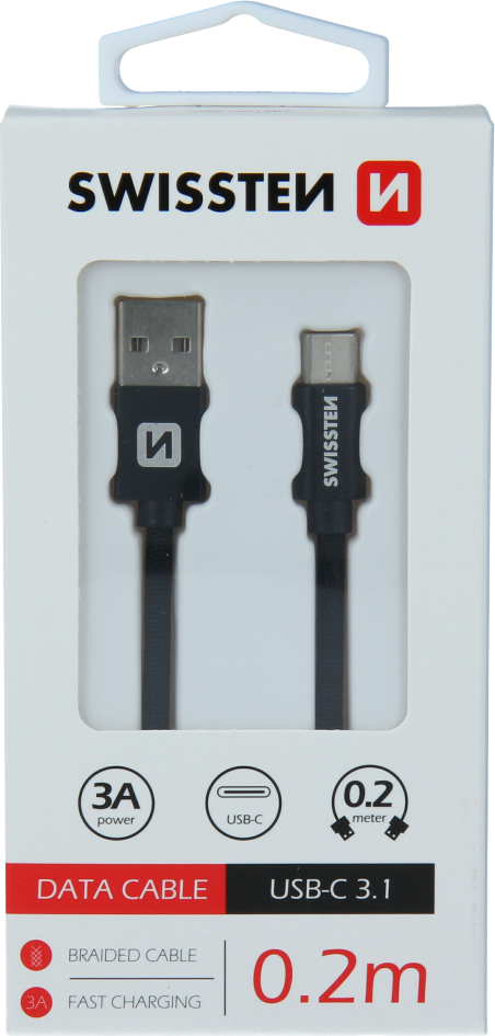 DATOVÝ KABEL SWISSTEN TEXTILE USB / USB-C 0,2 M ČERNÝ
