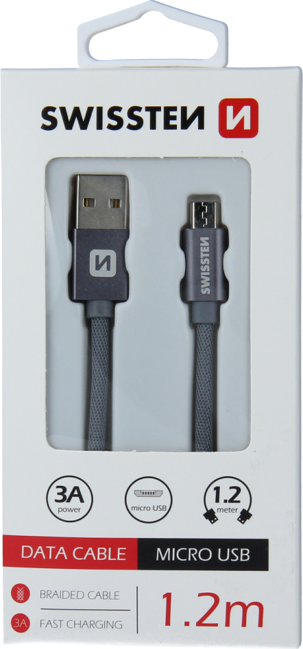 DATOVÝ KABEL SWISSTEN TEXTILE USB / MICRO USB 1,2 M ŠEDÝ