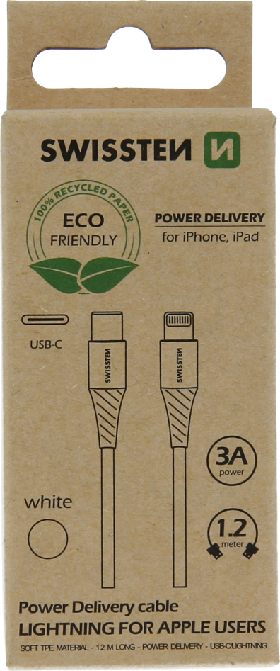 DATOVÝ KABEL SWISSTEN USB-C/LIGHTNING BÍLÝ 1,2M (ECO BALENÍ)