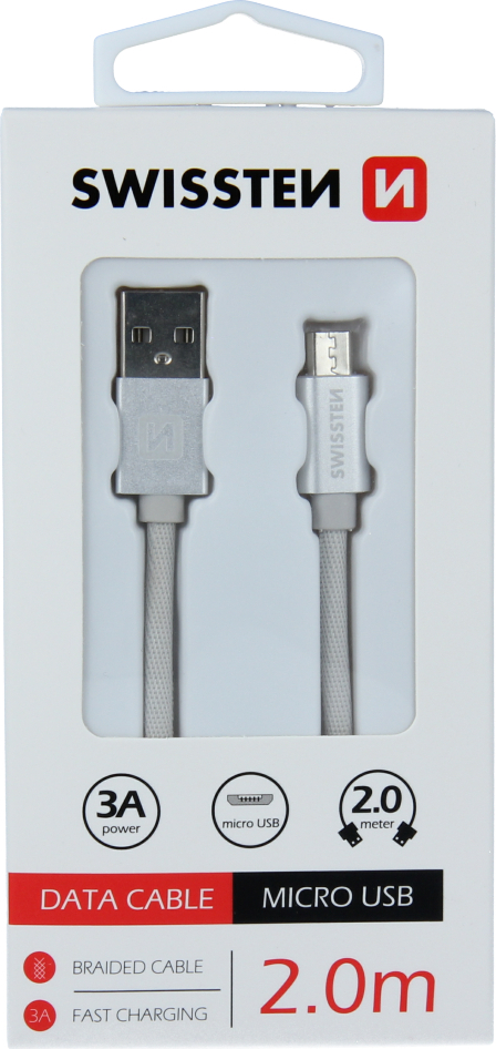 DATOVÝ KABEL SWISSTEN TEXTILE USB / MICRO USB 2,0 M STŘÍBRNÝ