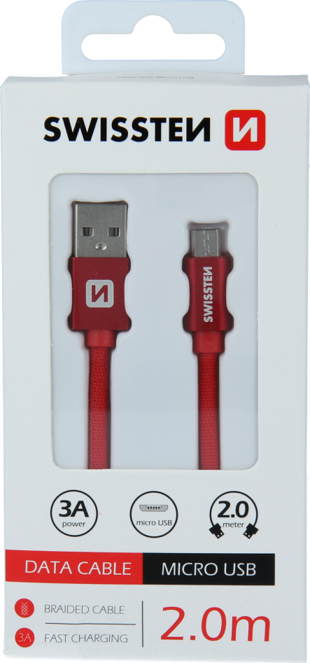 DATOVÝ KABEL SWISSTEN TEXTILE USB / MICRO USB 2,0 M ČERVENÝ