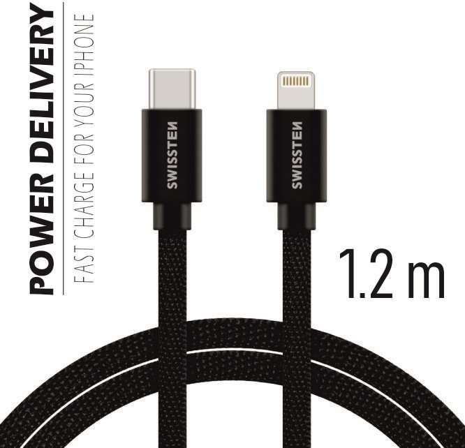 DATOVÝ KABEL SWISSTEN TEXTILE USB-C / LIGHTNING 1,2 M ČERNÝ