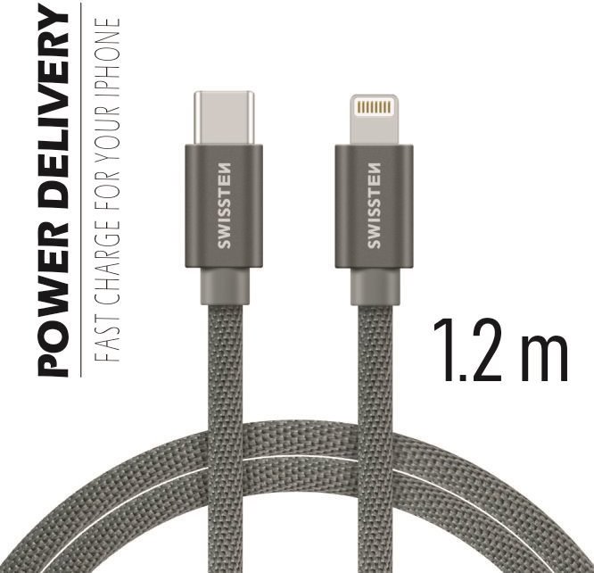 DATOVÝ KABEL SWISSTEN TEXTILE USB-C / LIGHTNING 1,2 M ŠEDÝ