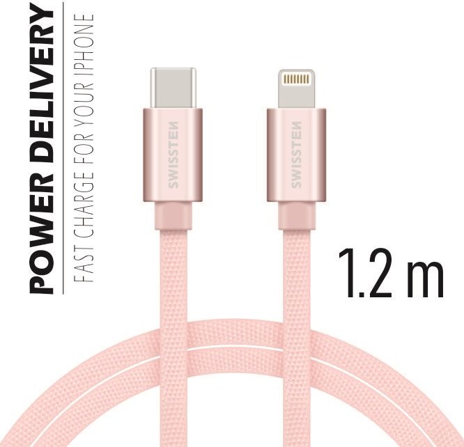 DATOVÝ KABEL SWISSTEN TEXTILE USB-C / LIGHTNING 1,2 M RŮŽOVO/ZLATÝ