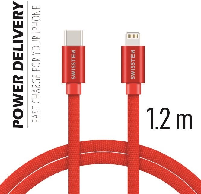 DATOVÝ KABEL SWISSTEN TEXTILE USB-C / LIGHTNING 1,2 M ČERVENÝ