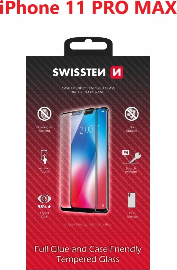 SKLO SWISSTEN FULL GLUE, COLOR FRAME, CASE FRIENDLY PRO APPLE IPHONE 11 PRO MAX ČERNÉ