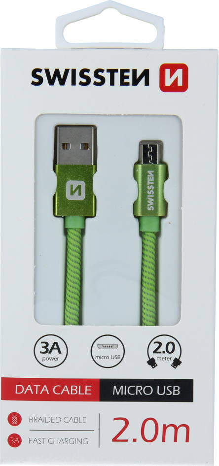 DATOVÝ KABEL SWISSTEN TEXTILE USB / MICRO USB 2,0 M ZELENÝ