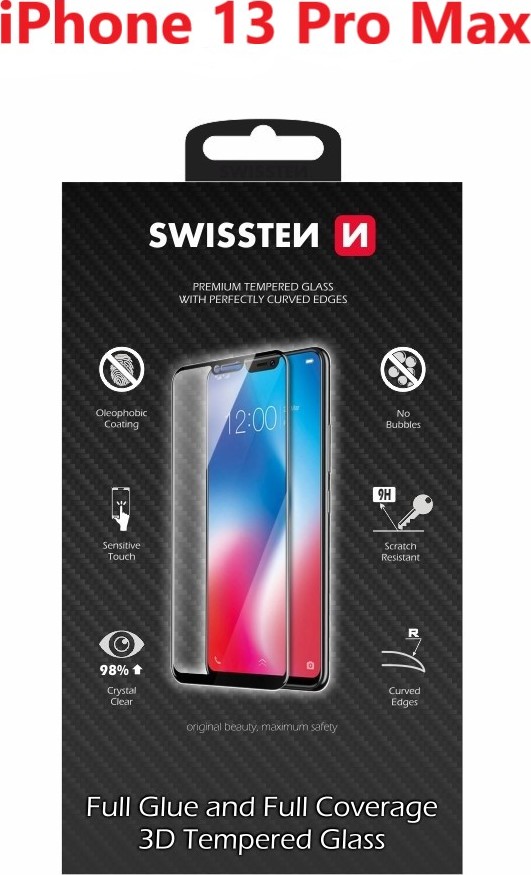 SKLO SWISSTEN ULTRA DURABLE 3D FULL GLUE GLASS PRO APPLE IPHONE 13 PRO MAX ČERNÉ