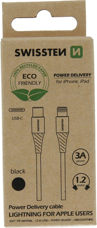 DATOVÝ KABEL SWISSTEN USB-C/LIGHTNING ČERNÝ 1,2M (ECO BALENÍ)