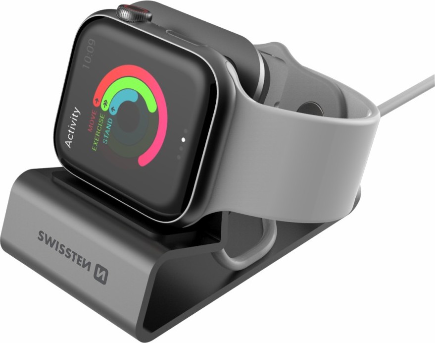 SWISSTEN hliníkový stojánek pro Apple Watch šedý