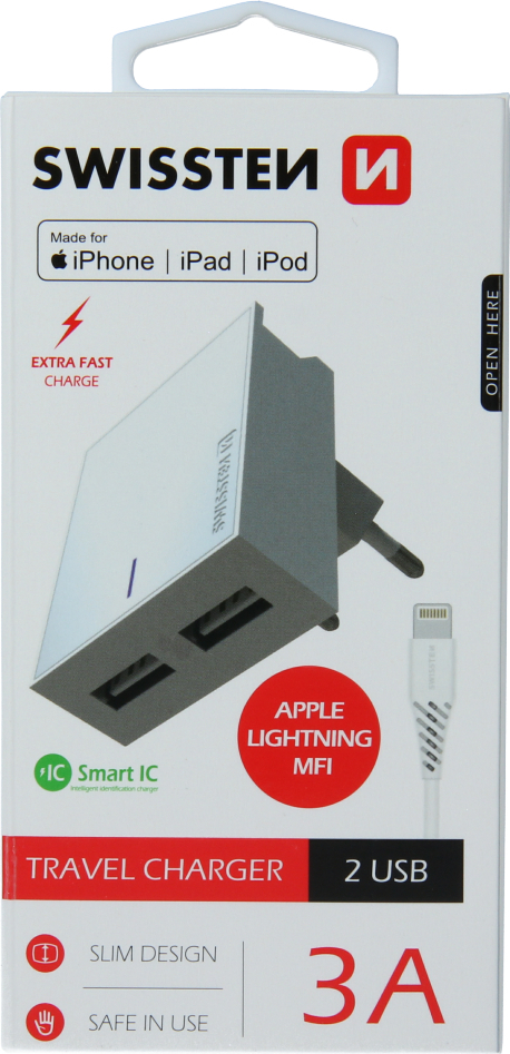 SWISSTEN SÍŤOVÝ ADAPTÉR SMART IC 2x USB 3A POWER + DATOVÝ KABEL USB / LIGHTNING MFi 1,2 M BÍLÝ