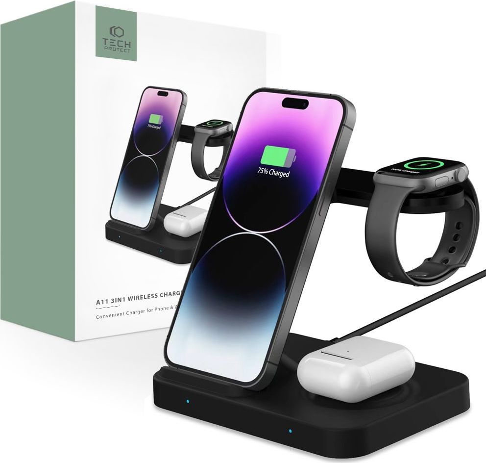 TECH-PROTECT A11 3IN1 WIRELESS CHARGER, BLACK - pro iPhone, Android, Apple Watch a AirPods