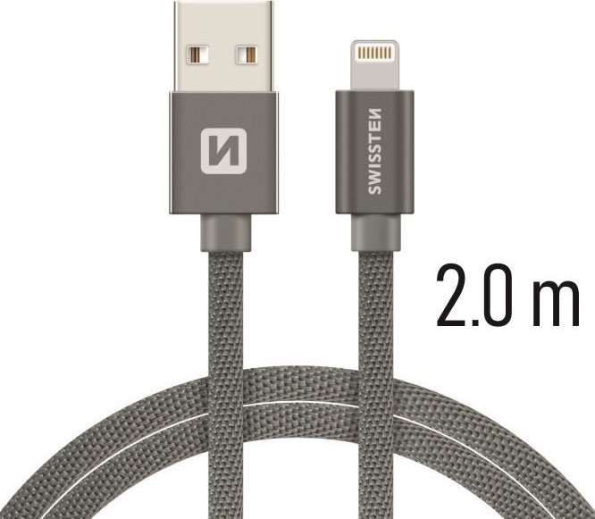 DATOVÝ KABEL SWISSTEN TEXTILE USB / LIGHTNING 2,0 M ŠEDÝ