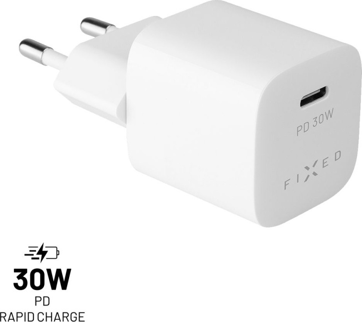 Síťová nabíječka FIXED Mini s USB-C výstupem a podporou PD, 30W, bílá